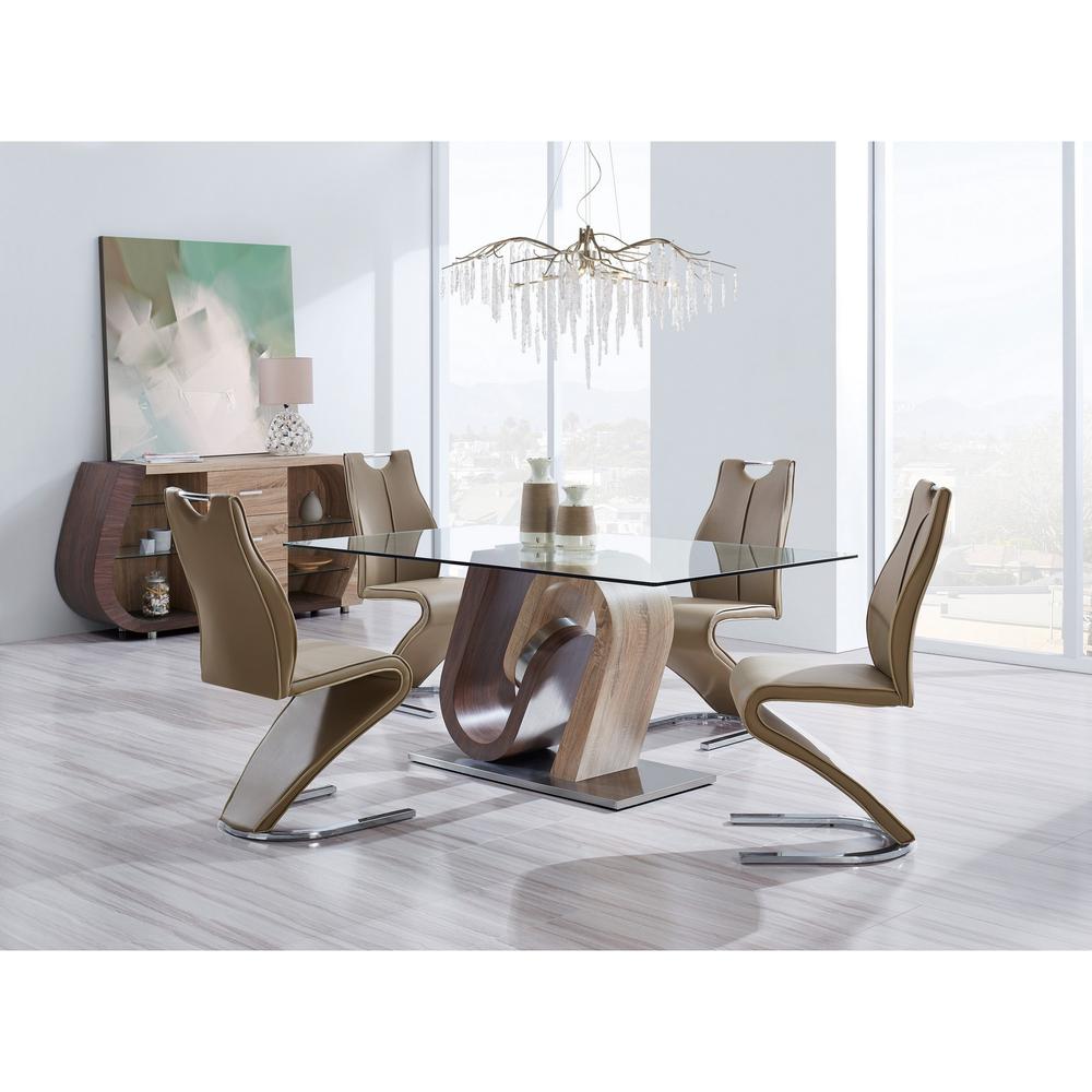 Oak and Walnut Two toned  Geometrical base with Glass top Dining Table - 383827. Picture 1