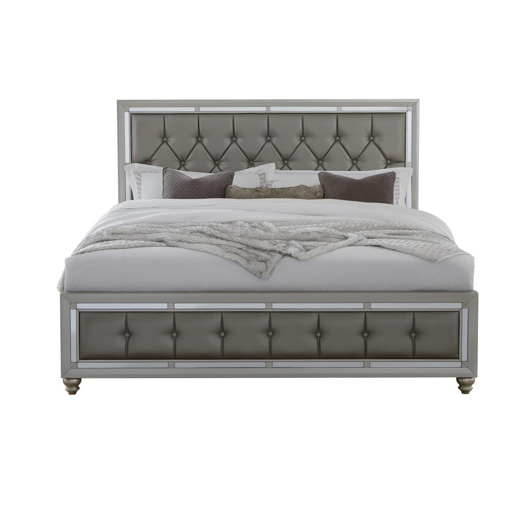 Silver Champagne Tone Full Bed  Padded Headboard  Padded Footboard  Mirror Trim Accents - 383835. Picture 1