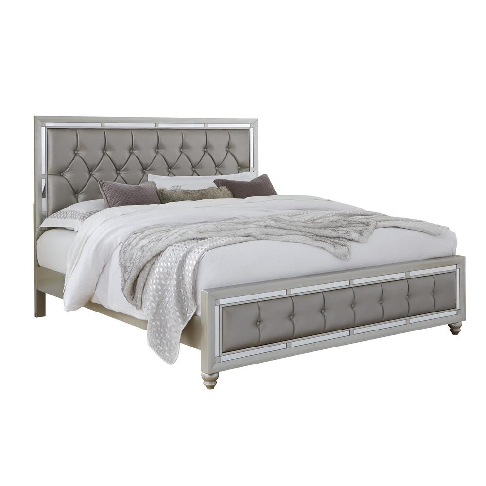 Silver Champagne Tone Full Bed  Padded Headboard  Padded Footboard  Mirror Trim Accents - 383835. Picture 2
