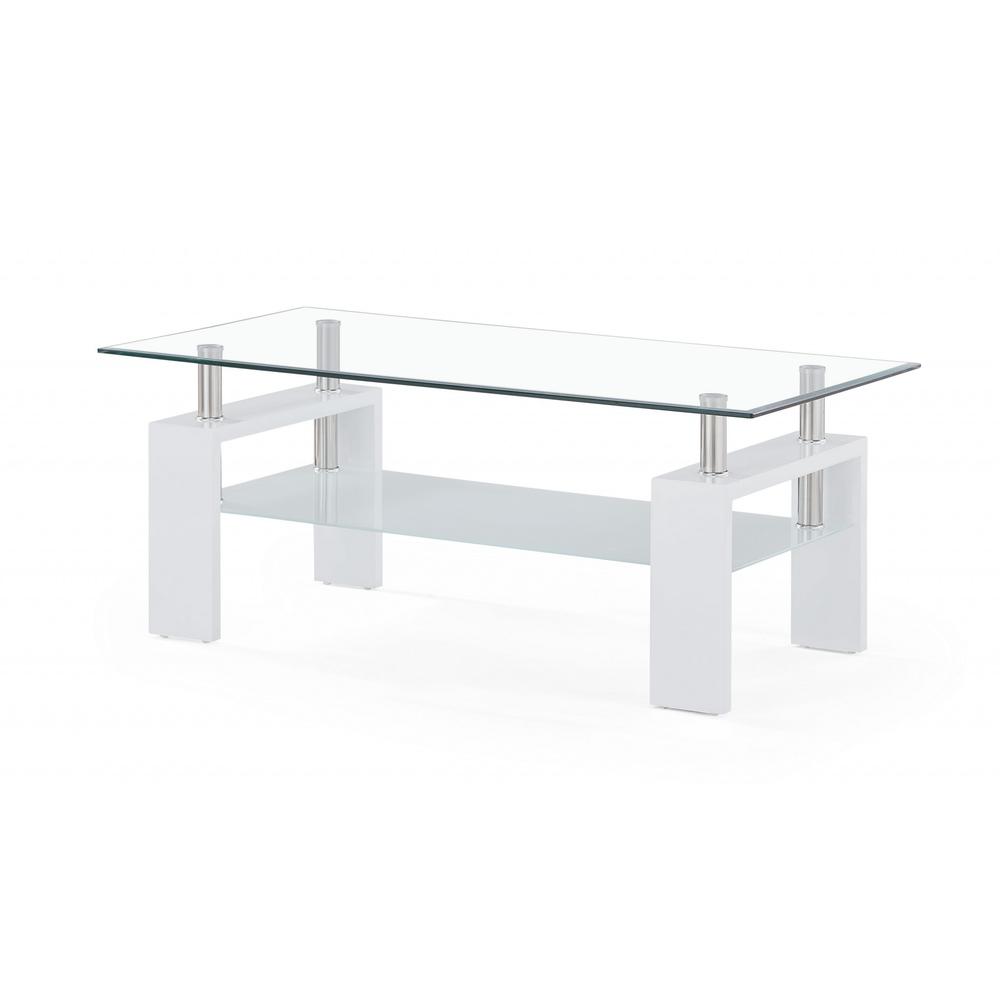 White glossy leg Coffee Table with Rectangular Clear Glass Top. Picture 2