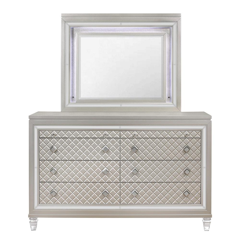 Champagne Toned Dresser with Tapered Acrylic Legs and 2 Jewelry Drawers - 384035. Picture 1