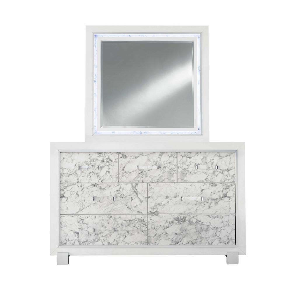 Modern White Mirror with Faux Marble Border Detail LED Lightning - 384040. Picture 1