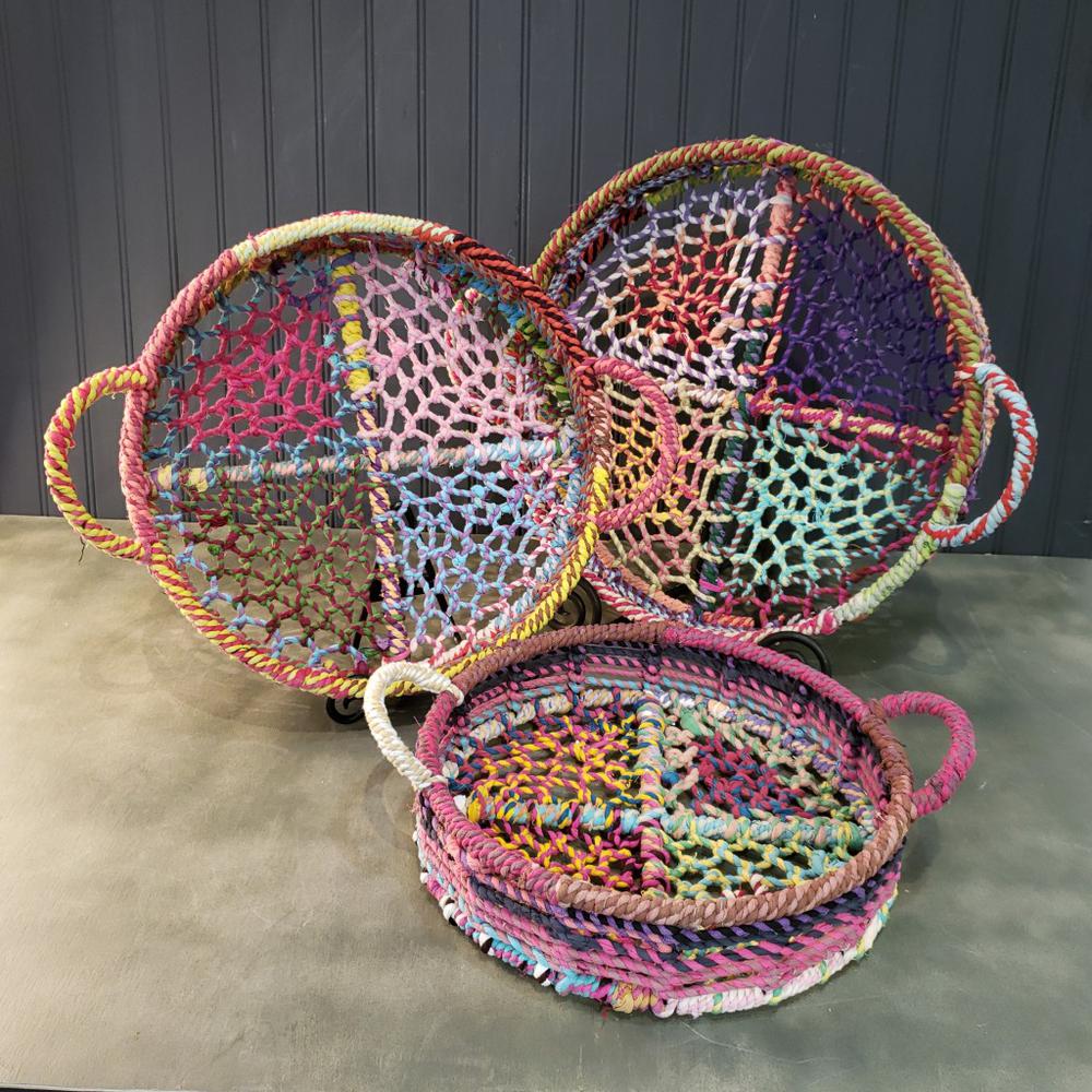Handmade Set of 3 Rainbow Round Nesting Jute Trays - 384093. Picture 4