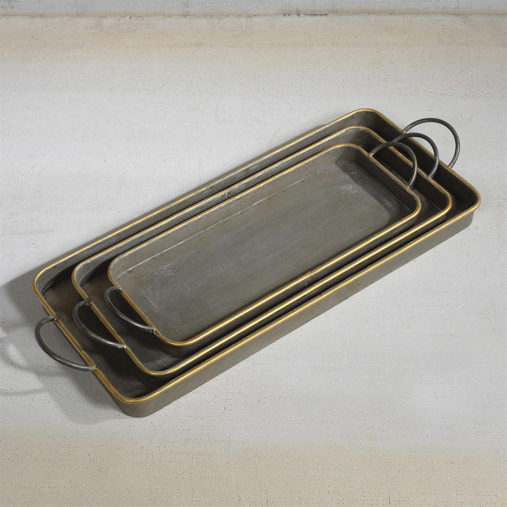 Set of 3 Nesting Galvanized Metal and Gold Serving Trays - 384121. Picture 7