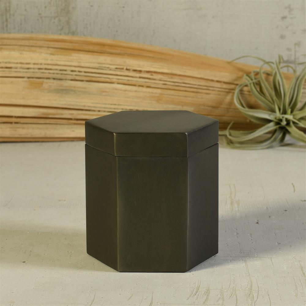 Burnished Black Hexagonal Metal Covered Canister - 384123. Picture 3