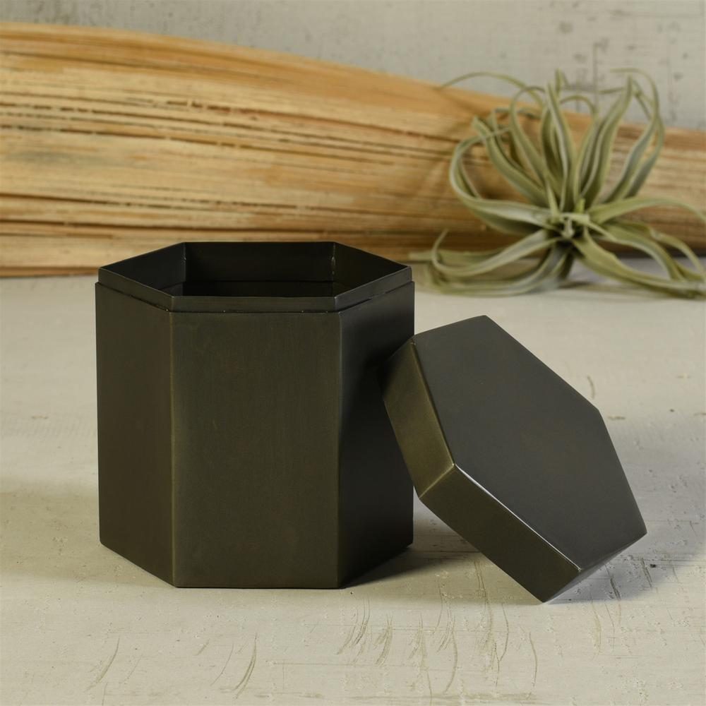 Burnished Black Hexagonal Metal Covered Canister - 384123. Picture 4