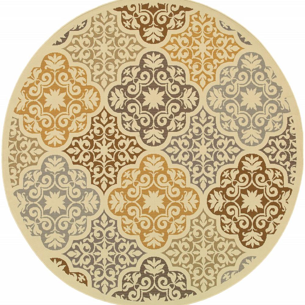 7' Round Ivory Grey Floral Medallion Indoor Outdoor Area - 384195. Picture 1