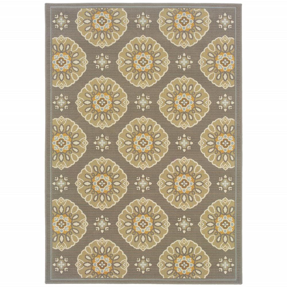 2' x 8' Grey Gold Floral Medallion Discs Indoor Outdoor Area Rug - 384198. Picture 1