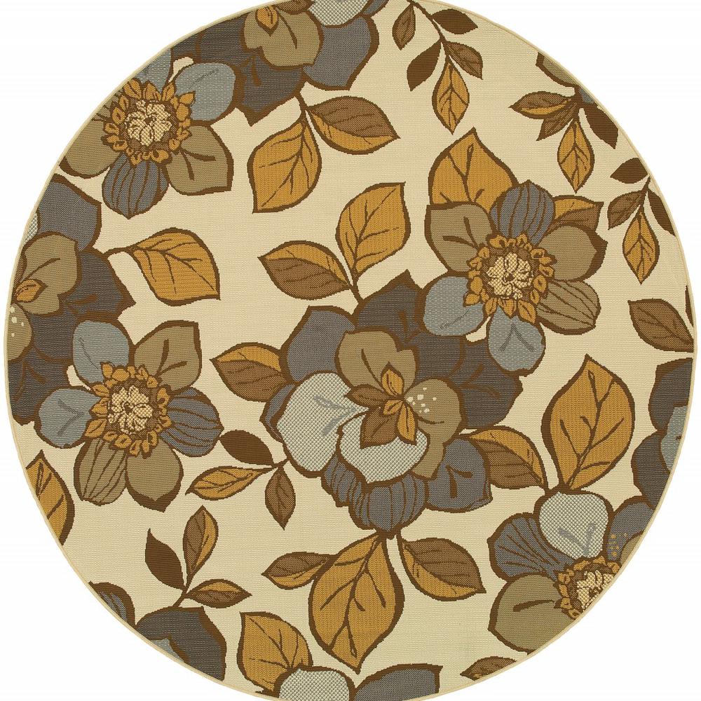 7' Round Ivory Gray Large Floral Blooms Indoor Outdoor Area Rug - 384211. The main picture.