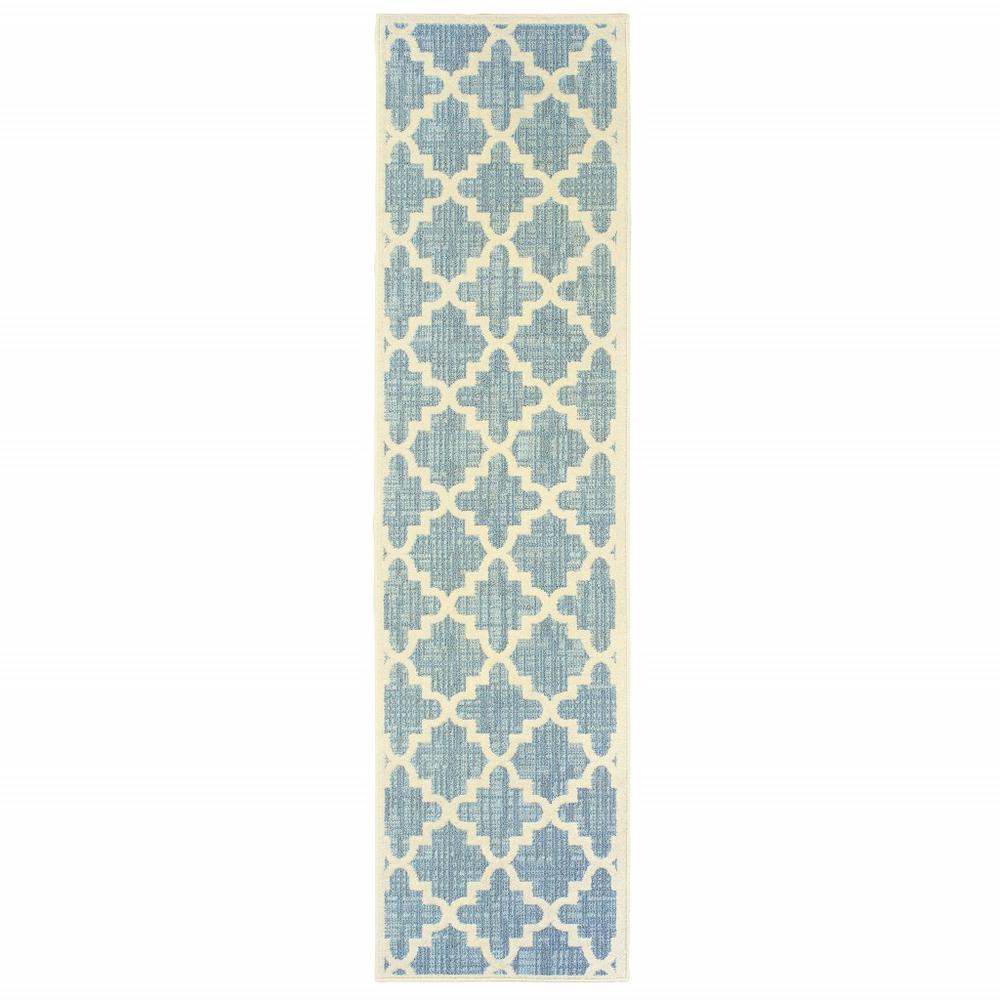 8' Tropical Light Blue and Ivory Quatrafoil Indoor Outdoor Runner Rug - 384219. Picture 1