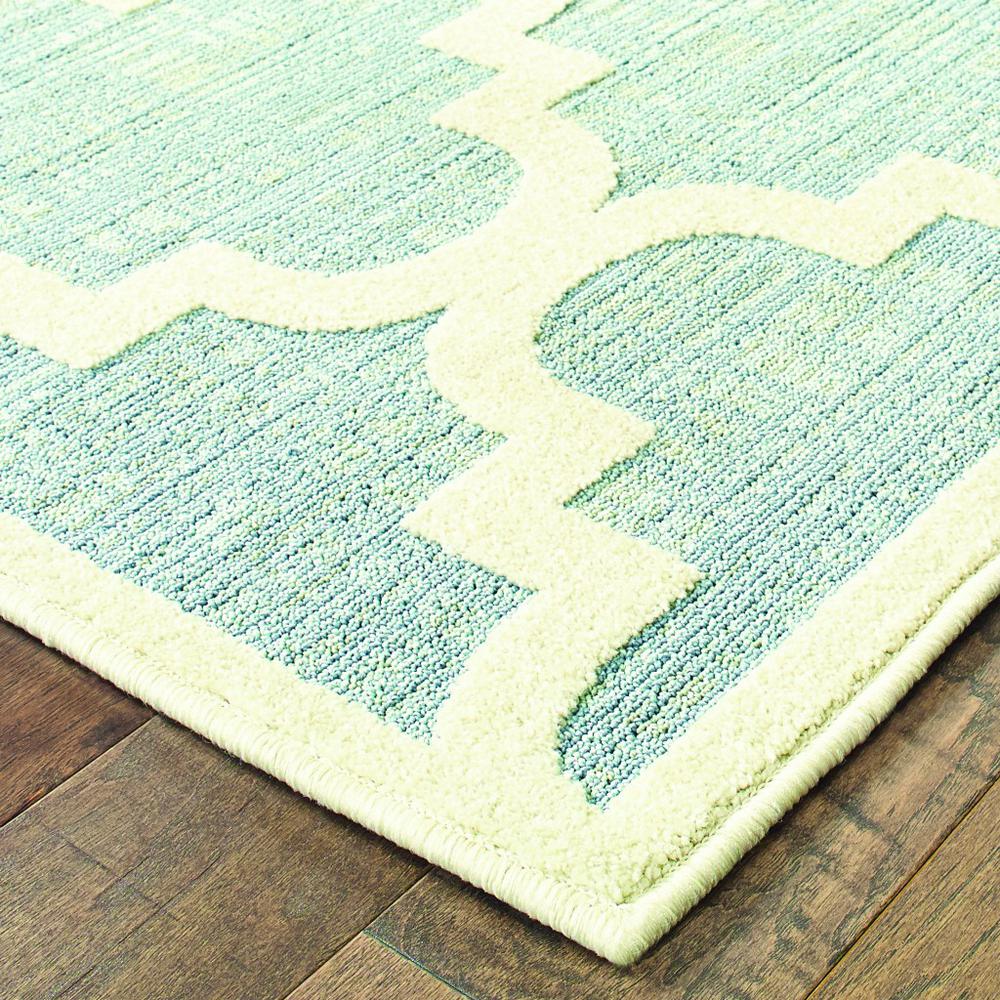 8' Tropical Light Blue and Ivory Quatrafoil Indoor Outdoor Runner Rug - 384219. Picture 2