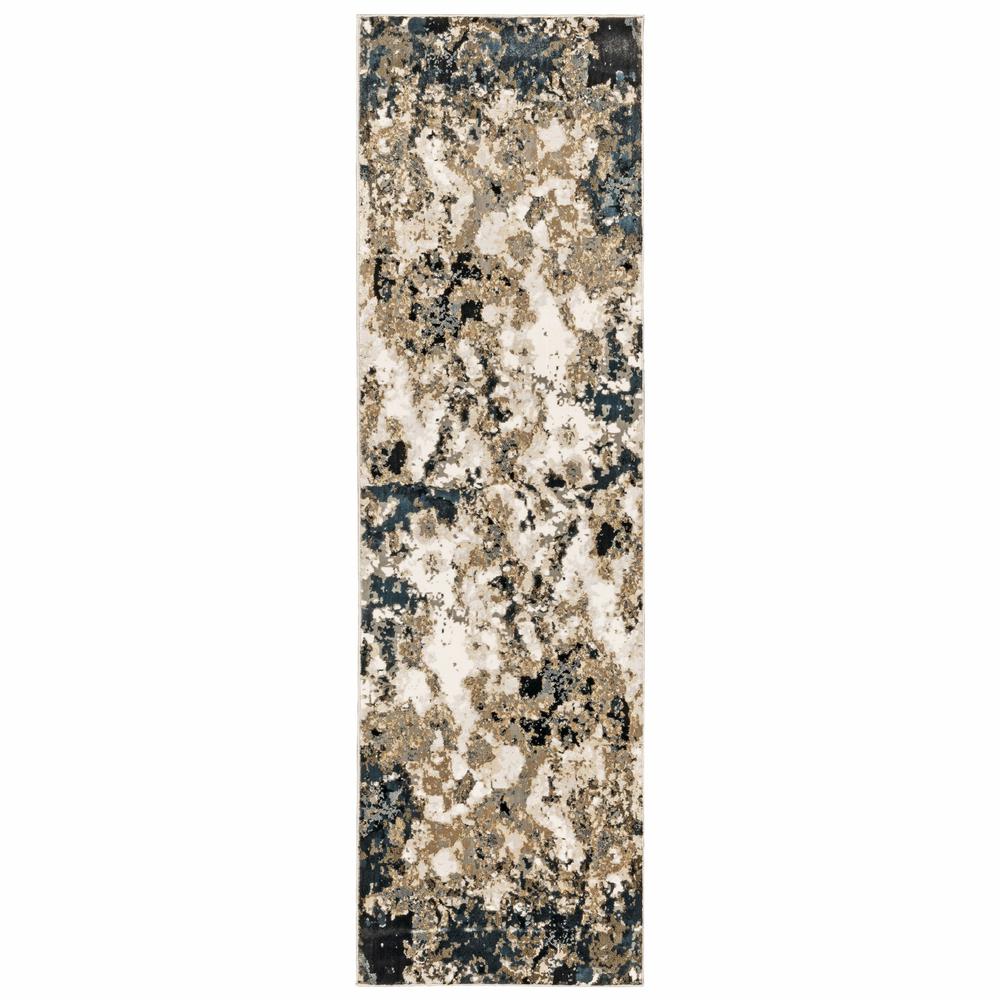 2' x 8' Ivory Navy Abstract Marble Indoor Runner Rug - 384237. Picture 1
