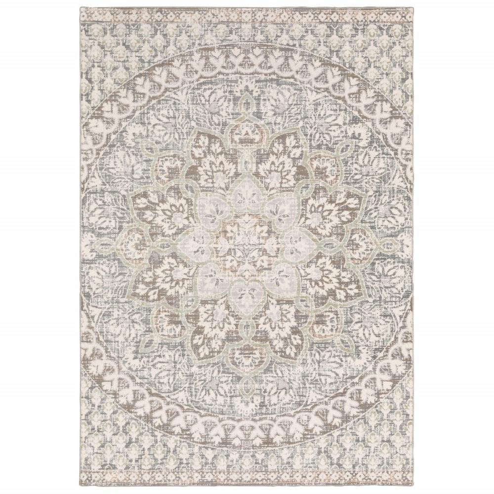 3' x 6' Ivory Grey Distresed Oversize Medallion Indoor Area Rug - 384268. Picture 1