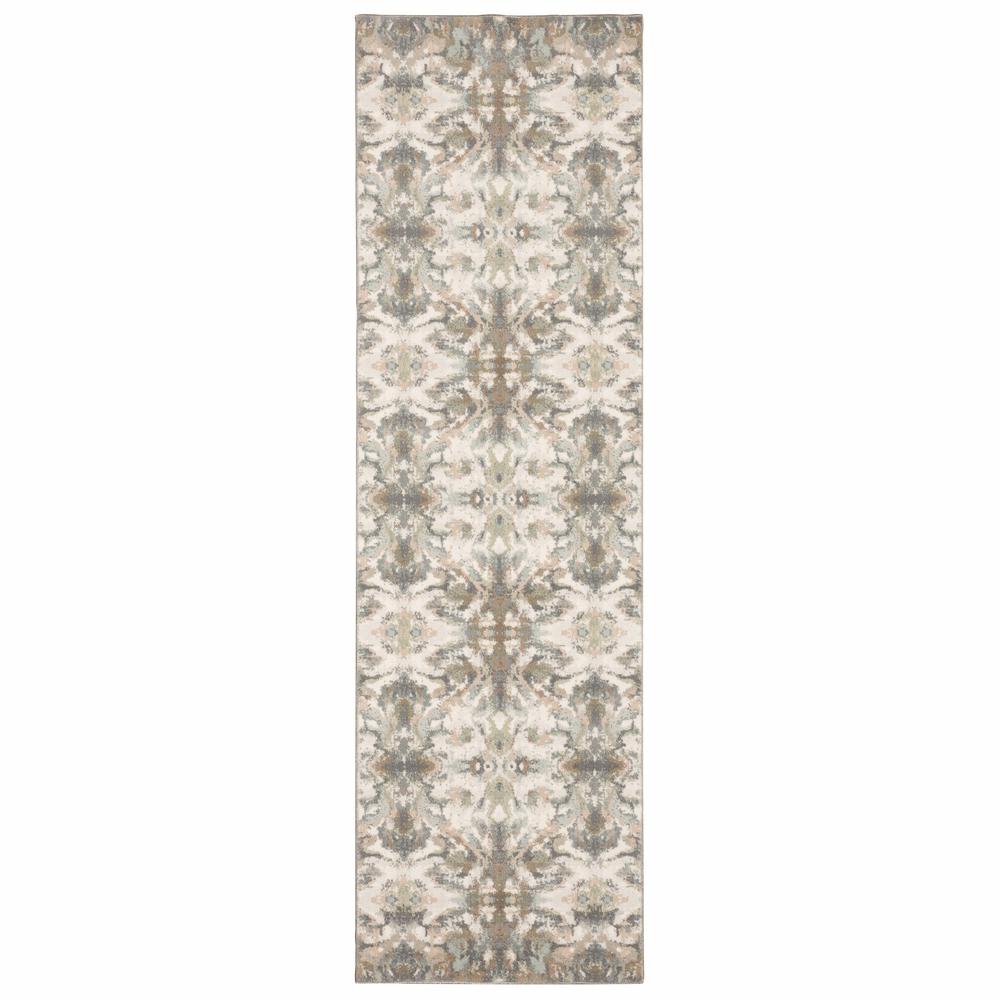 7' Ivory Gray Abstract Ikat Indoor Runner Rug - 384279. Picture 1