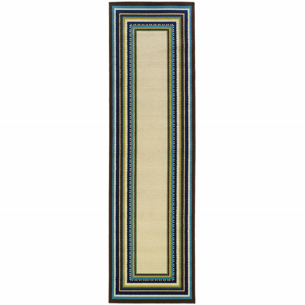 8' Ivory Mediterranean Blue and Lime Border Indoor Outdoor Runner Rug - 384306. Picture 1