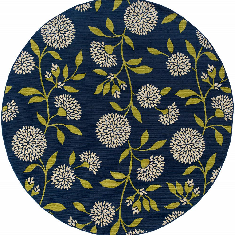 7' Round Indigo and Lime Green Floral Indoor or Outdoor Area Rug - 384320. Picture 1