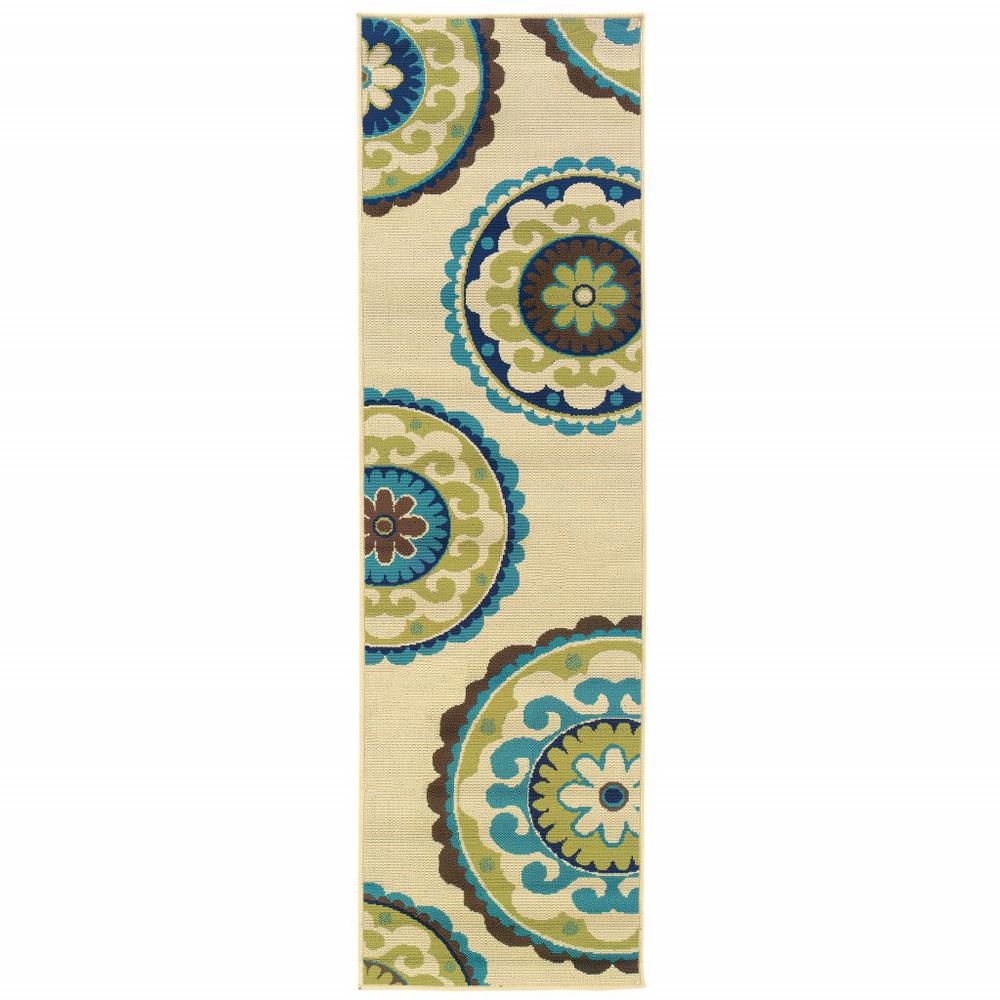 8' Ivory Indigo and Lime Medallion Disc Indoor Outdoor Runner Rug - 384322. Picture 1