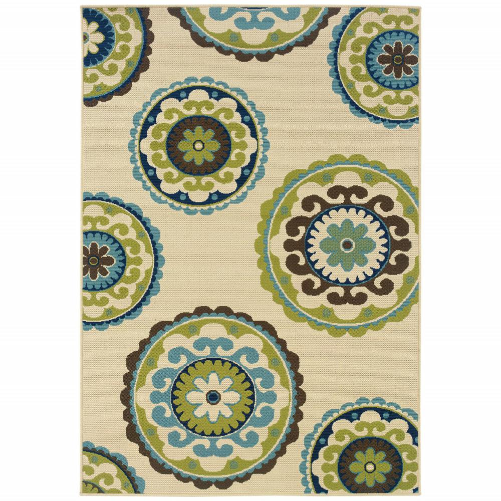 6' x 9' Ivory Indigo and Lime Medallion Disc Indoor Outdoor Area Rug - 384326. Picture 1