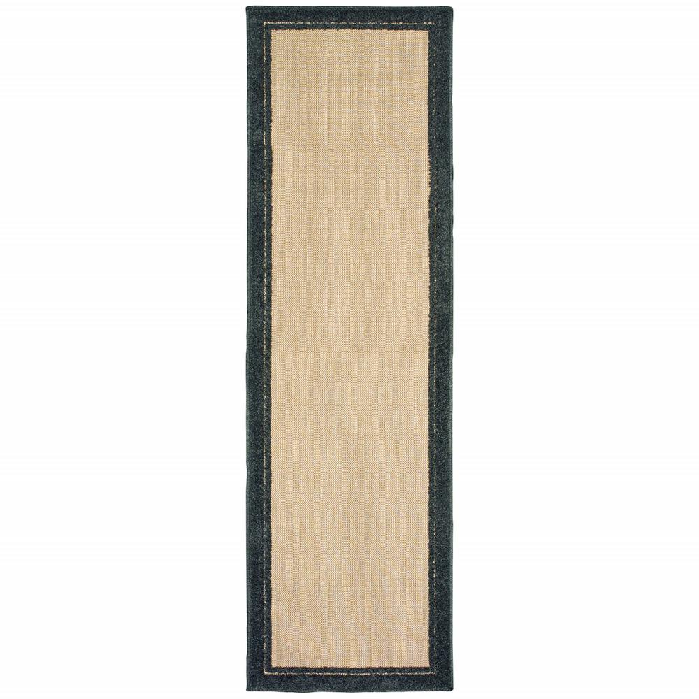 8' Sand and Black Border Indoor Outdoor Runner Rug - 384336. Picture 1