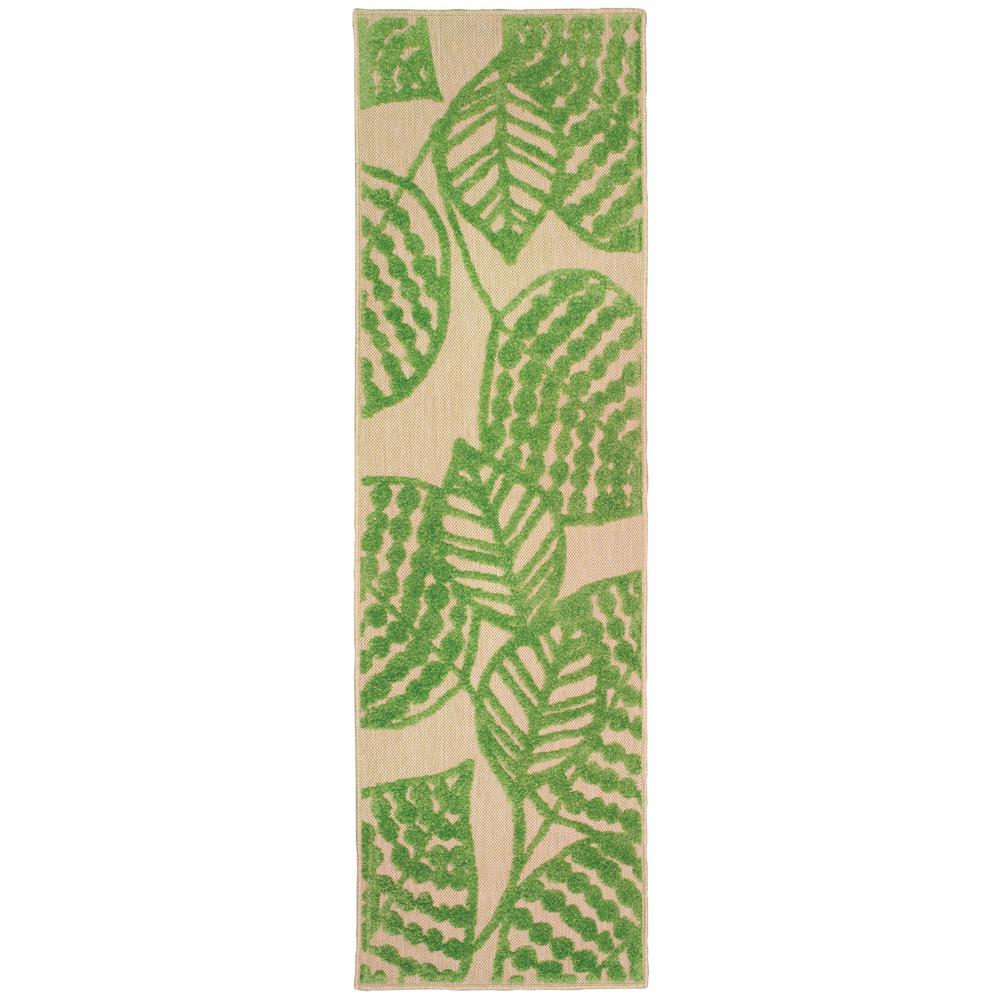 8' Sand and Lime Green Leaves Indoor Outdoor Runner Rug - 384342. Picture 1