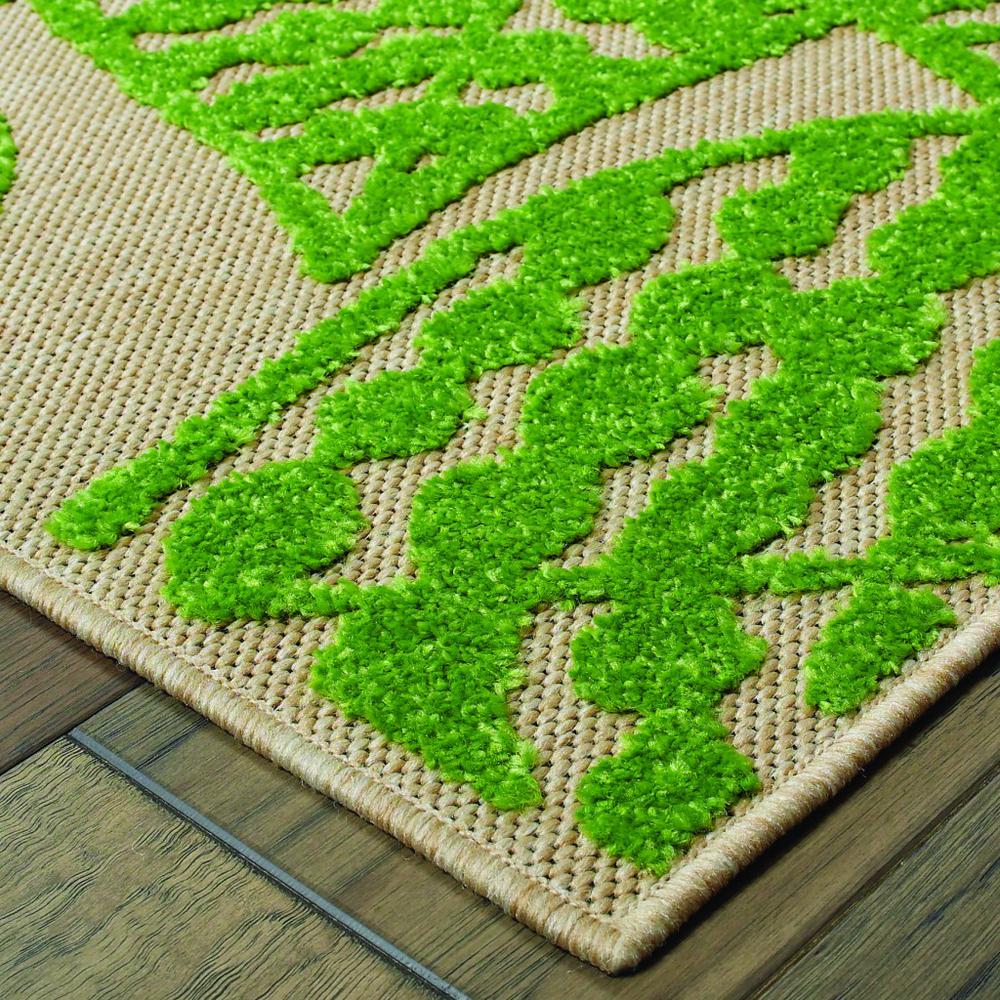 8' Sand and Lime Green Leaves Indoor Outdoor Runner Rug - 384342. Picture 2