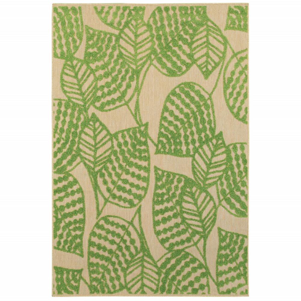 6' x 9' Sand and Lime Green Leaves Indoor Outdoor Area Rug - 384345. Picture 1