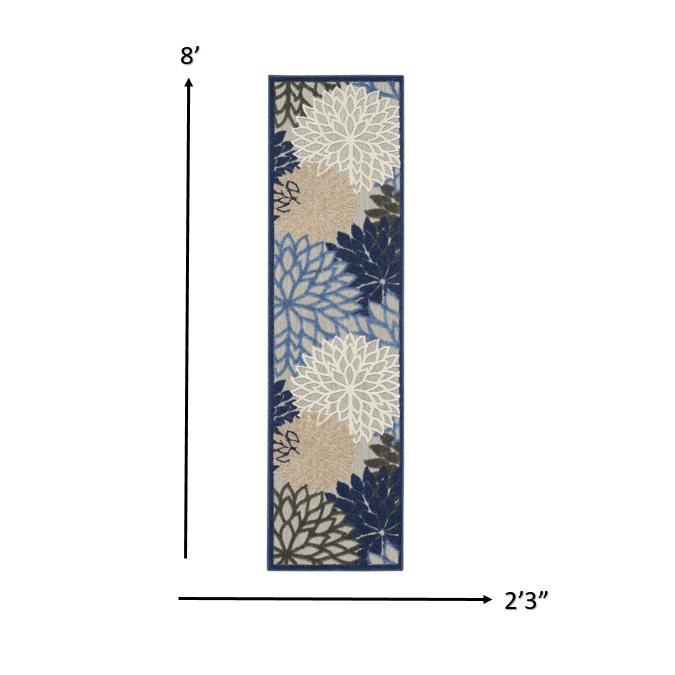 2’ x 8’ Blue Large Floral Indoor Outdoor Runner Rug Blue/Multicolor. Picture 6