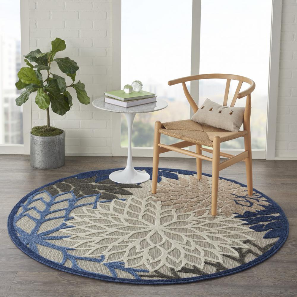 5’ Round Blue Large Floral Indoor Outdoor Area Rug Blue/Multicolor. Picture 4