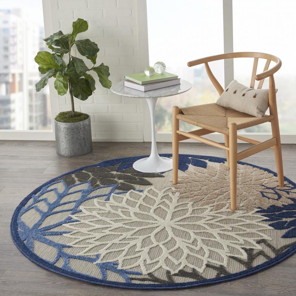 5’ Round Blue Large Floral Indoor Outdoor Area Rug Blue/Multicolor. Picture 6