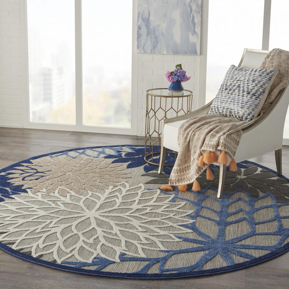 8’ Round Blue Large Floral Indoor Outdoor Area Rug Blue/Multicolor. Picture 6