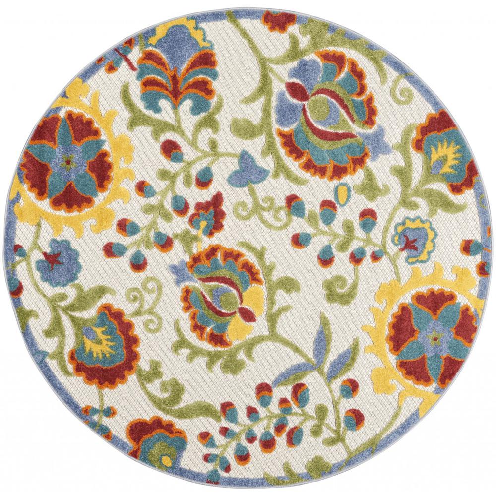 4’ Round Ivory Multi Floral Indoor Outdoor Area Rug - 384845. Picture 1
