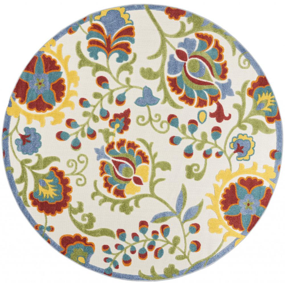 8’ Round Ivory Multi Floral Indoor Outdoor Area Rug - 384851. Picture 1