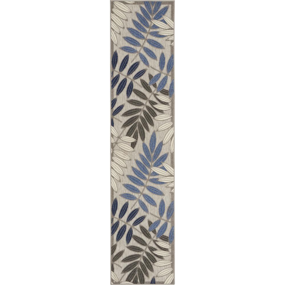 2’ x 6’ Gray and Blue Leaves Indoor Outdoor Runner Rug - 384865. Picture 1