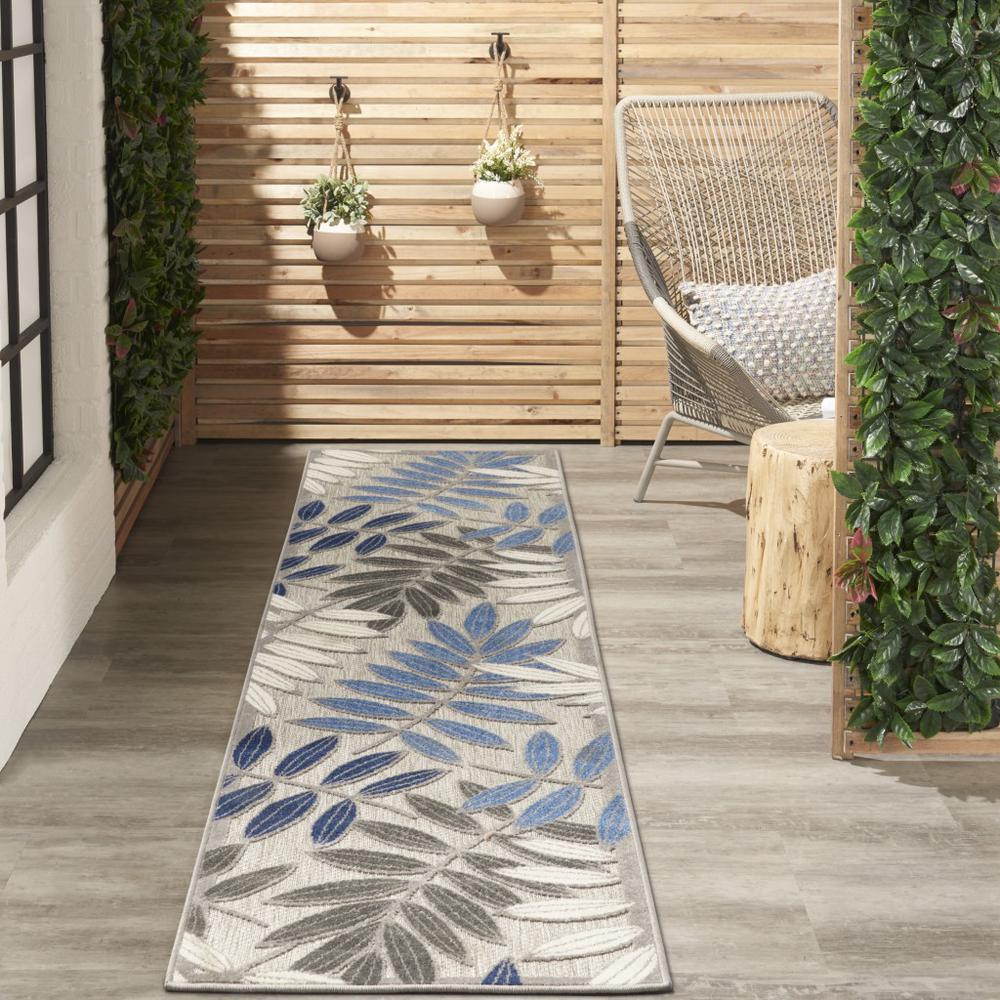 2’ x 6’ Gray and Blue Leaves Indoor Outdoor Runner Rug - 384865. Picture 4