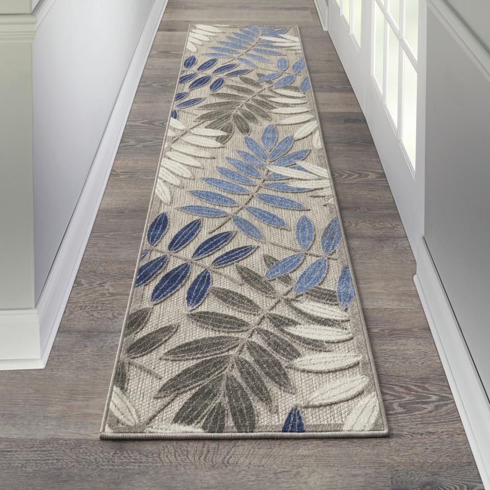 2’ x 6’ Gray and Blue Leaves Indoor Outdoor Runner Rug - 384865. Picture 5