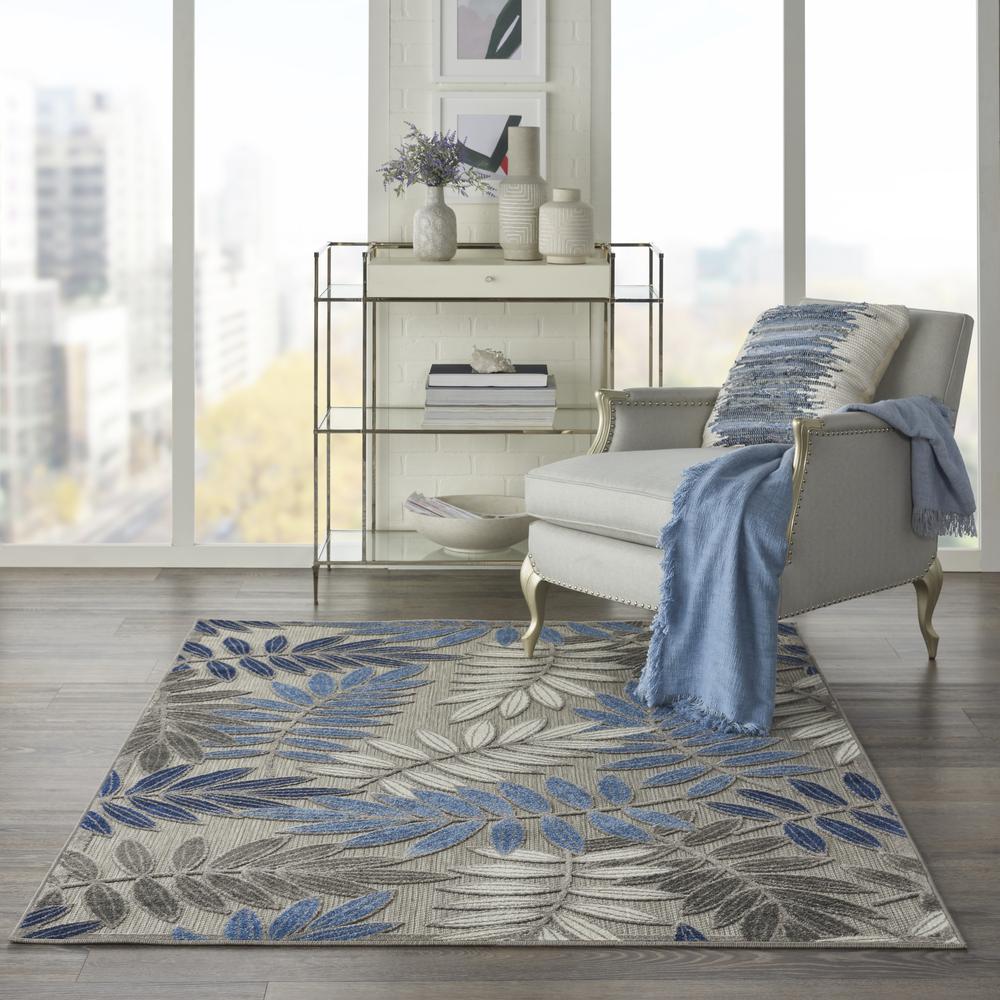 4’ x 6’ Gray and Blue Leaves Indoor Outdoor Area Rug - 384869. Picture 4