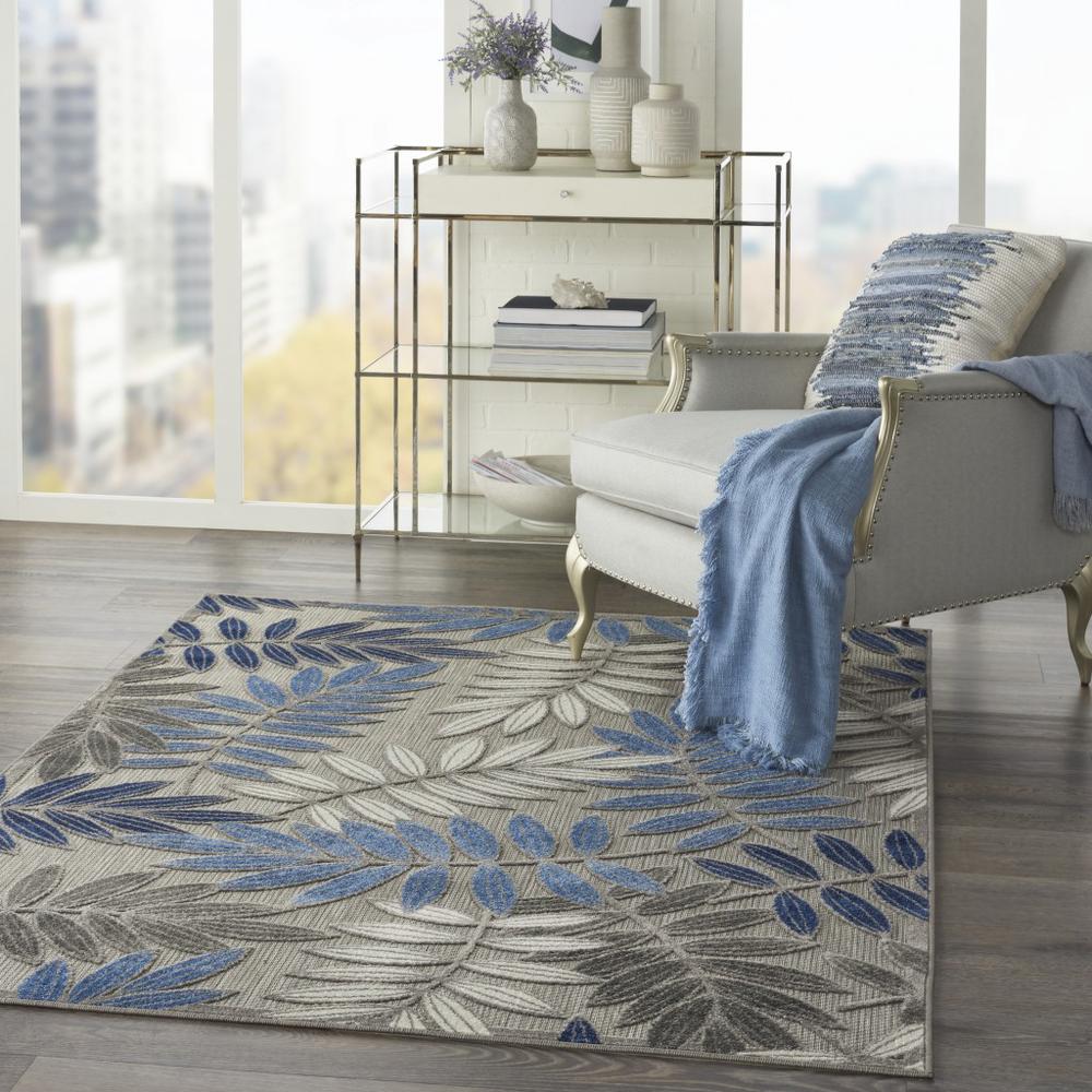4’ x 6’ Gray and Blue Leaves Indoor Outdoor Area Rug - 384869. Picture 6