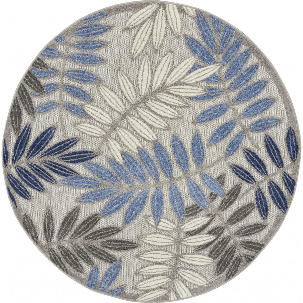 4’ Round Gray and Blue Leaves Indoor Outdoor Area Rug - 384870. Picture 1