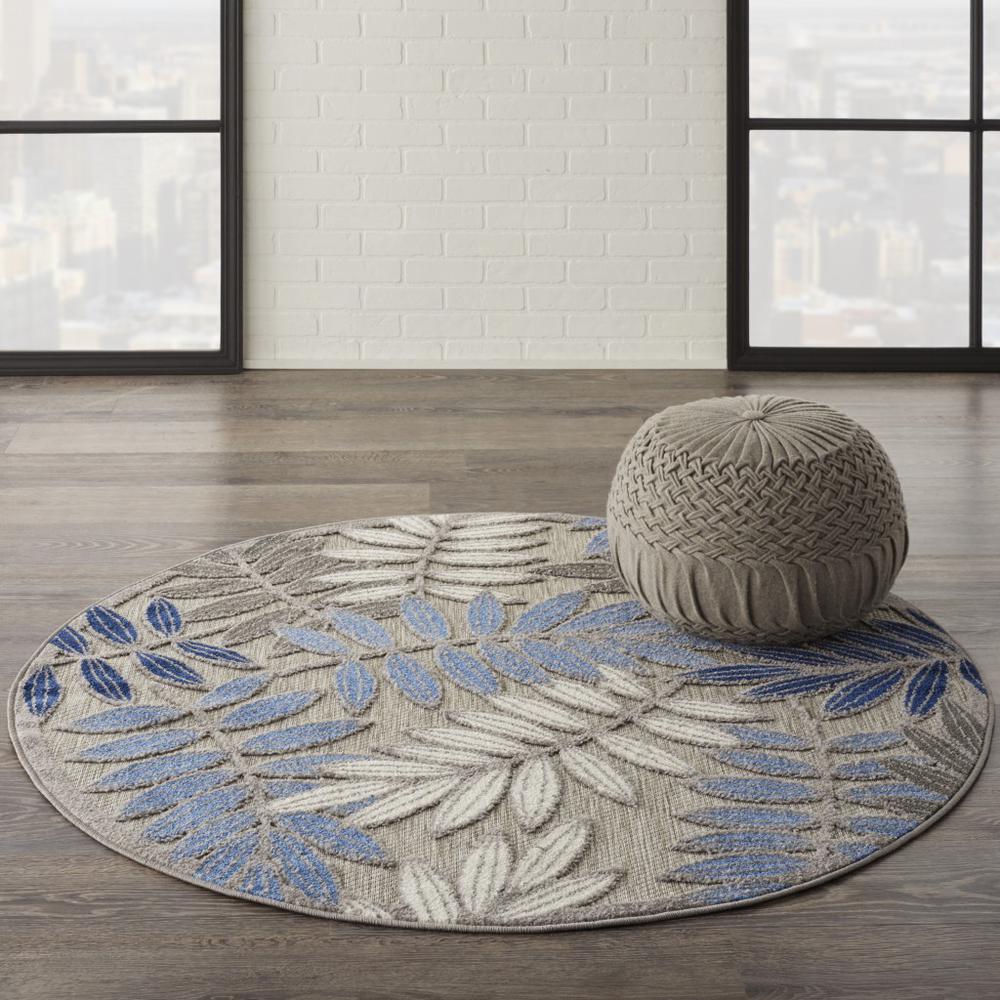 4’ Round Gray and Blue Leaves Indoor Outdoor Area Rug - 384870. Picture 4