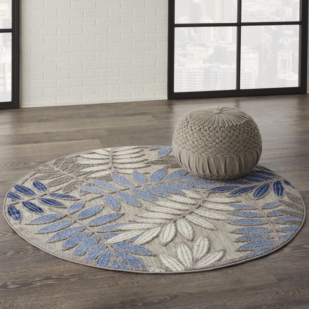 4’ Round Gray and Blue Leaves Indoor Outdoor Area Rug - 384870. Picture 6