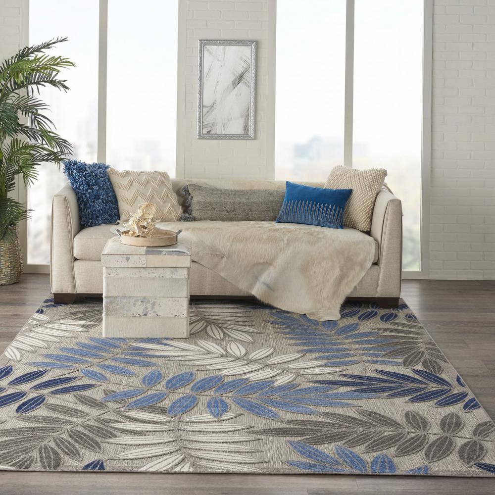 7’ x 10’ Gray and Blue Leaves Indoor Outdoor Area Rug - 384874. Picture 4