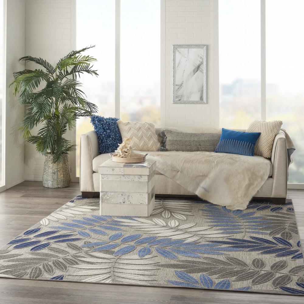 8’ x 11’ Gray and Blue Leaves Indoor Outdoor Area Rug - 384875. Picture 6