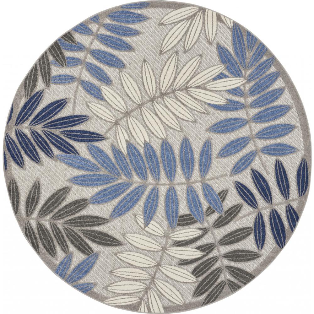 8’ Round Gray and Blue Leaves Indoor Outdoor Area Rug - 384876. Picture 1