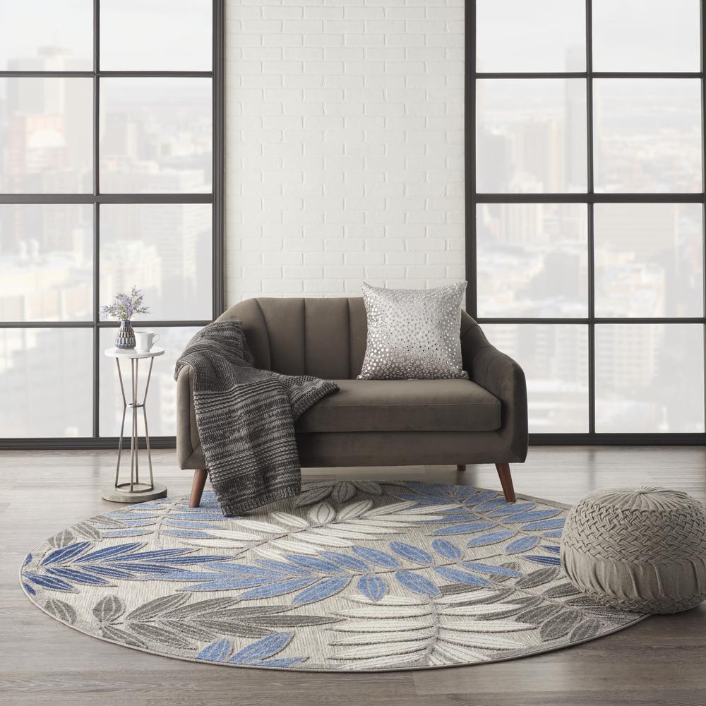 8’ Round Gray and Blue Leaves Indoor Outdoor Area Rug - 384876. Picture 4