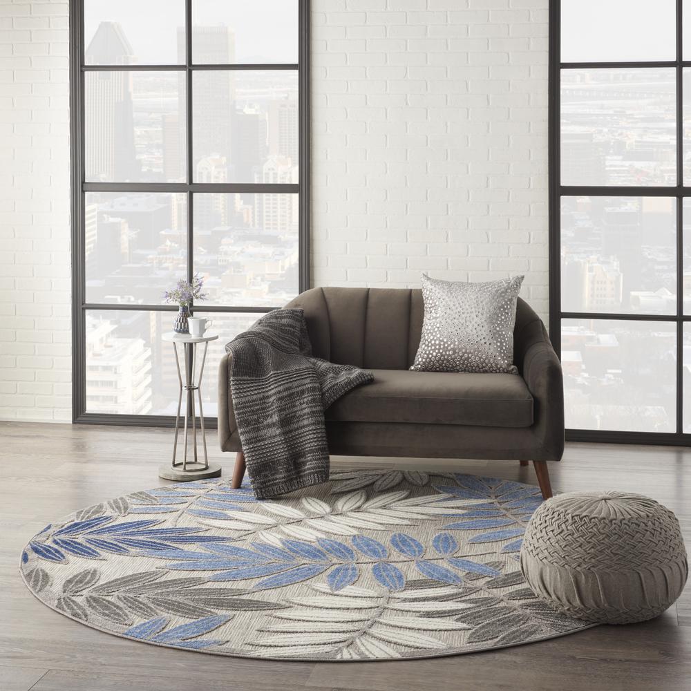 8’ Round Gray and Blue Leaves Indoor Outdoor Area Rug - 384876. Picture 6