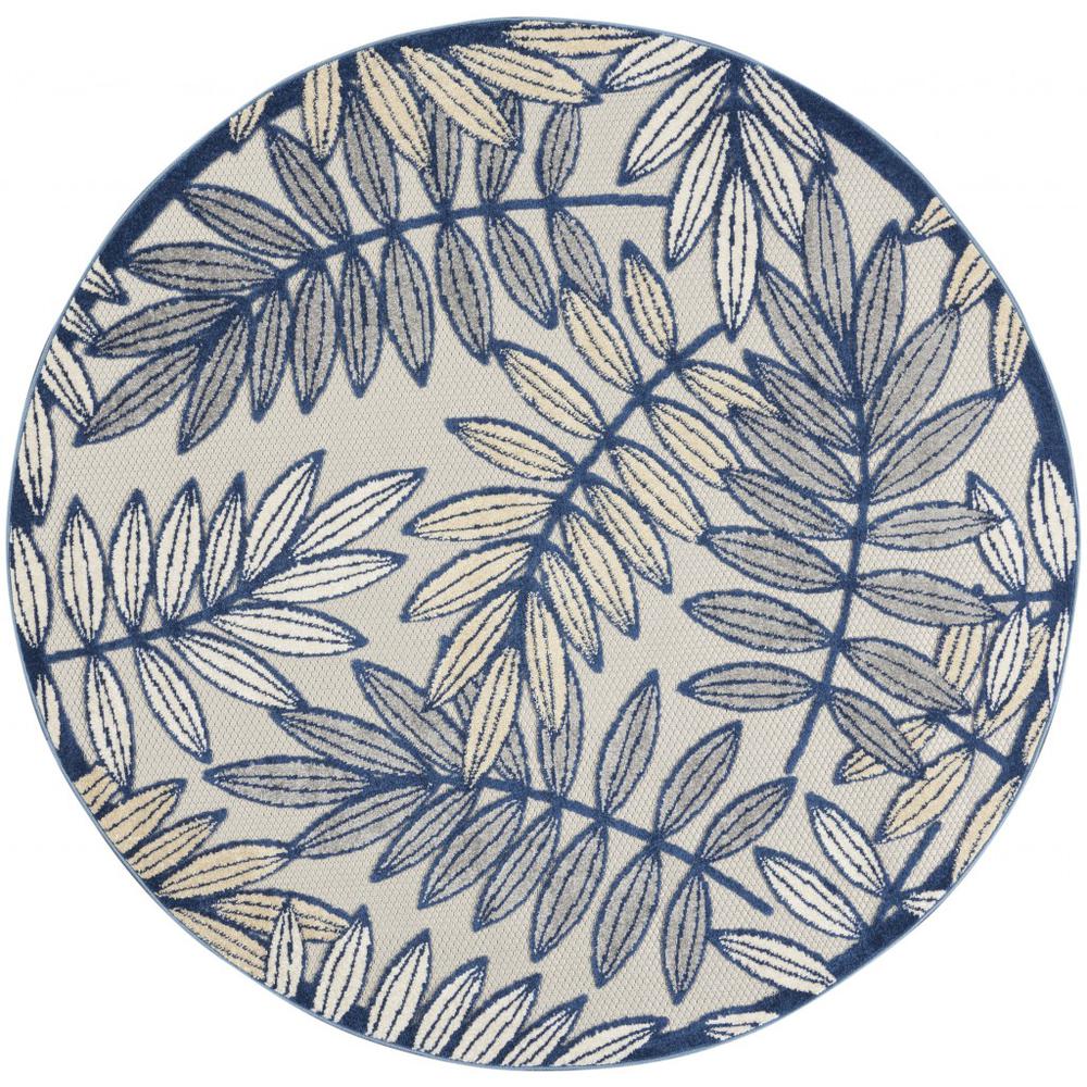4’ Round Ivory and Navy Leaves Indoor Outdoor Area Rug - 384881. Picture 1