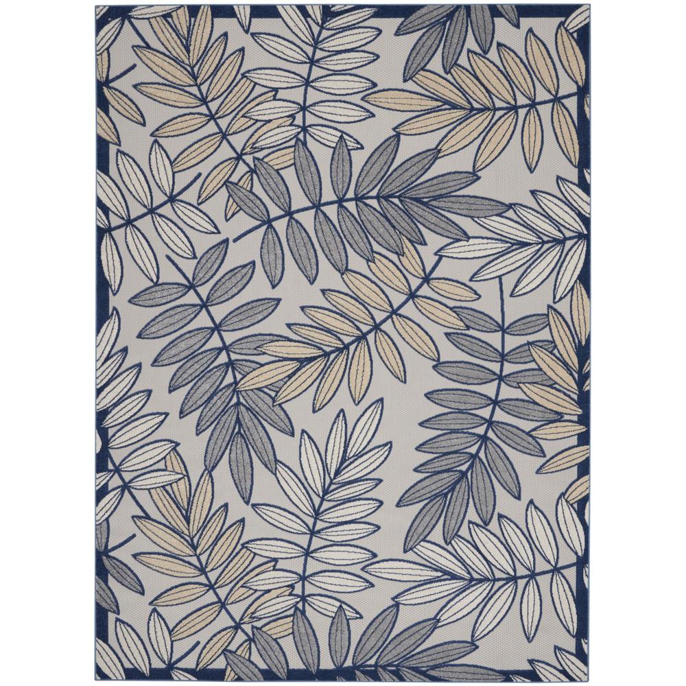7’ x 10' Ivory and Navy Leaves Indoor Outdoor Area Rug - 384885. Picture 1