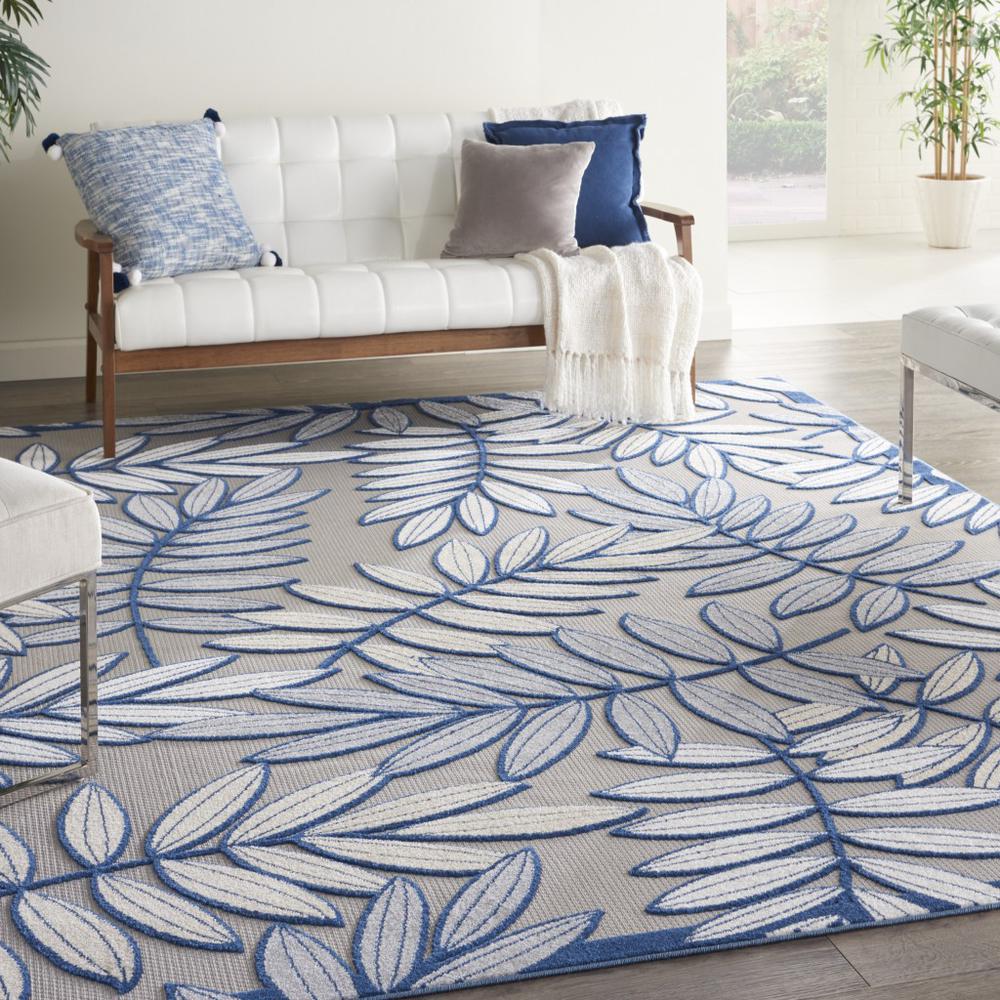 8’ x 11' Ivory and Navy Leaves Indoor Outdoor Area Rug - 384886. Picture 4