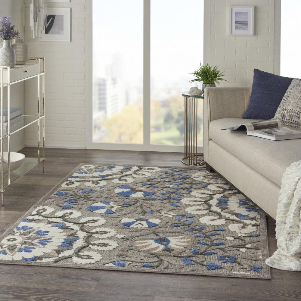 4’ x 6’ Gray and Blue Vines Indoor Outdoor Area Rug Grey/Multi. Picture 6