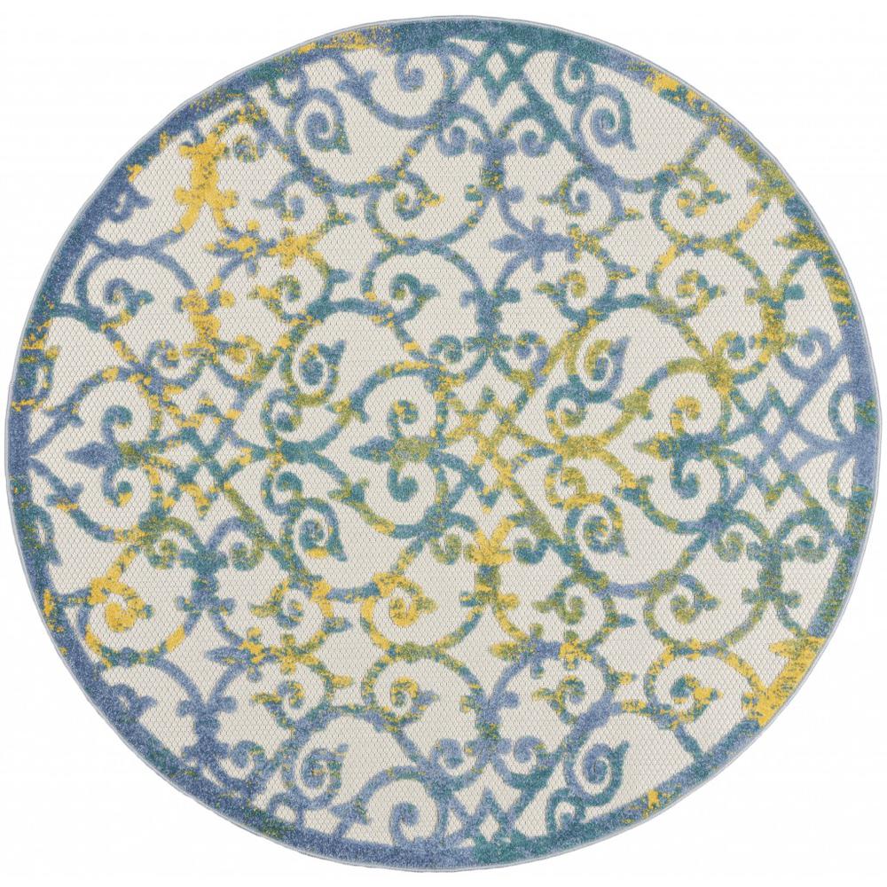 4’ Round Ivory and Blue Indoor Outdoor Area Rug Ivory Blue. Picture 1
